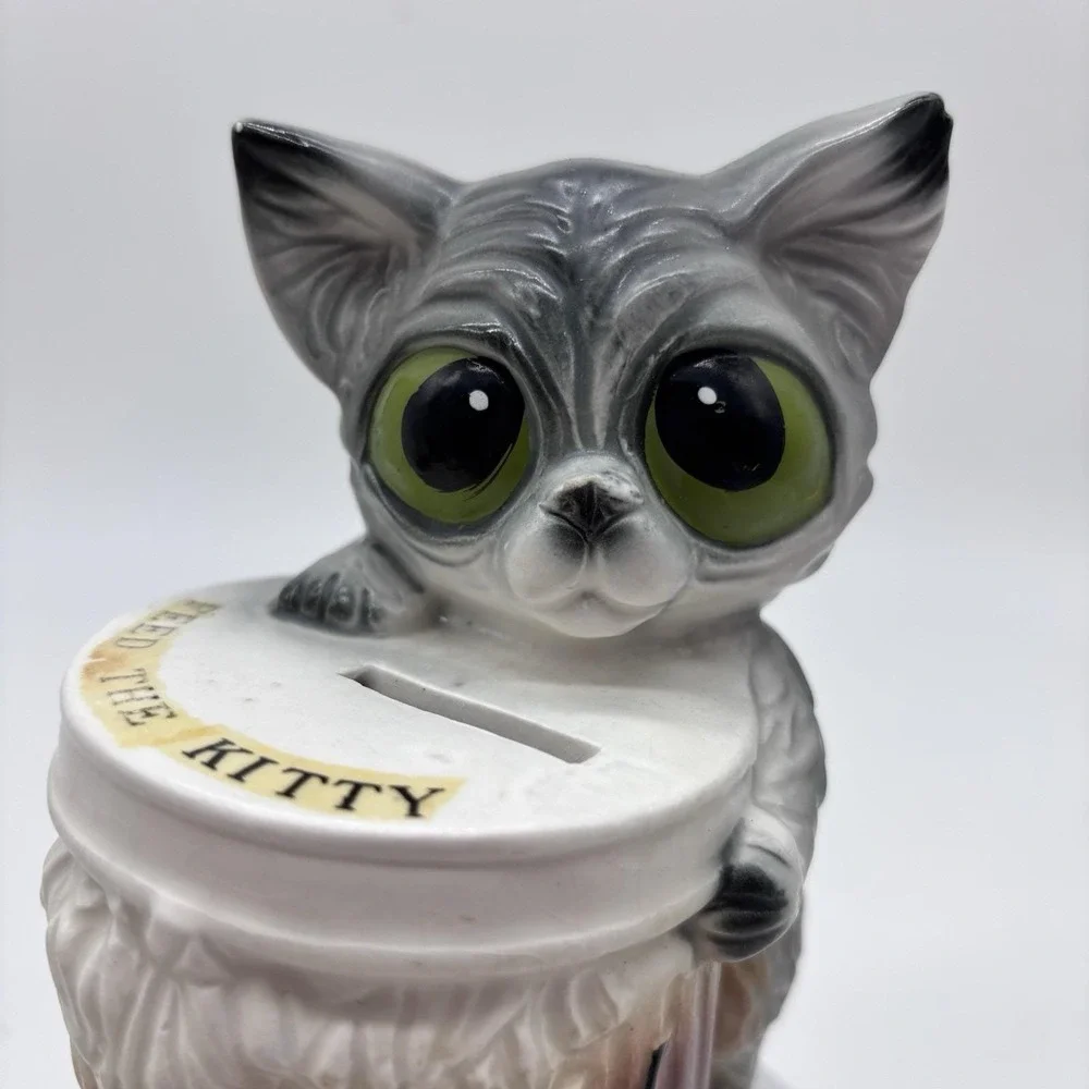 Vintage 1960's‎ Japan Enesco Ceramic Feed The Bank Big Eyed Cat Piggy Bank